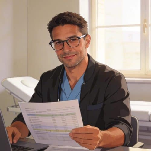 Kinésithérapeute libéral consultant ses documents financiers dans son cabinet moderne