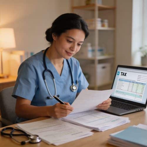 Infirmière libérale remplissant sa déclaration 2035 devant un ordinateur