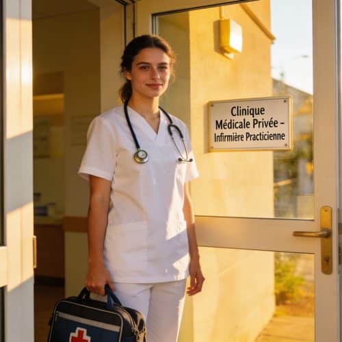 Jeune infirmière libérale devant l'entrée de son cabinet avec sa sacoche médicale