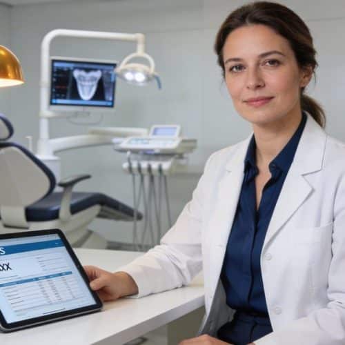 Chirurgien-dentiste libéral analysant sa stratégie fiscale sur tablette dans son cabinet