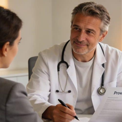 Médecin libéral signant un contrat de prévoyance avec un conseiller financier