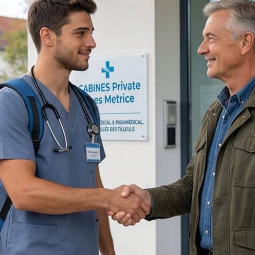 Jeune praticien libéral serrant la main d'un confrère à l'entrée de son cabinet