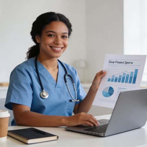 Infirmière libérale consultant son relevé de revenus sur ordinateur