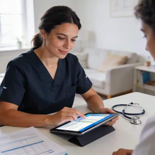 Infirmière libérale utilisant une tablette pour la télétransmission de ses actes