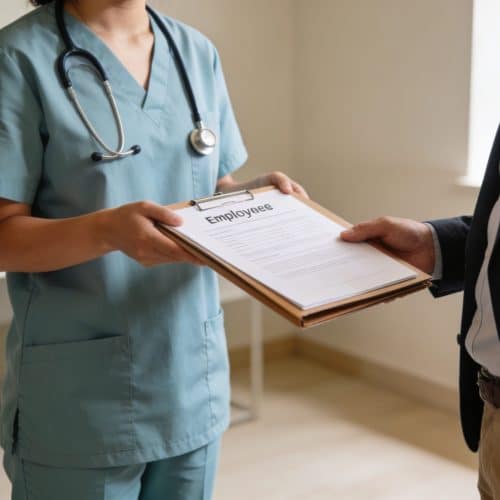 Infirmière libérale remettant un dossier de valorisation de patientèle à un repreneur