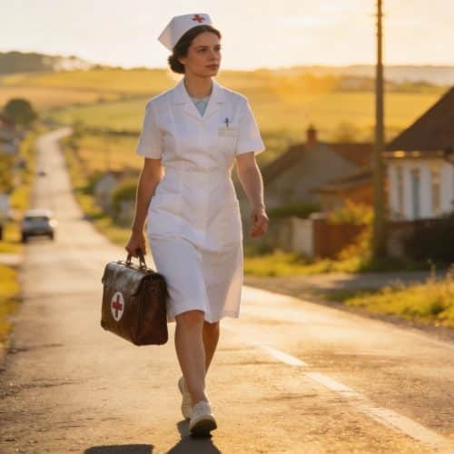 Infirmière libérale marchant dans une zone rurale sous-dotée avec sa sacoche médicale