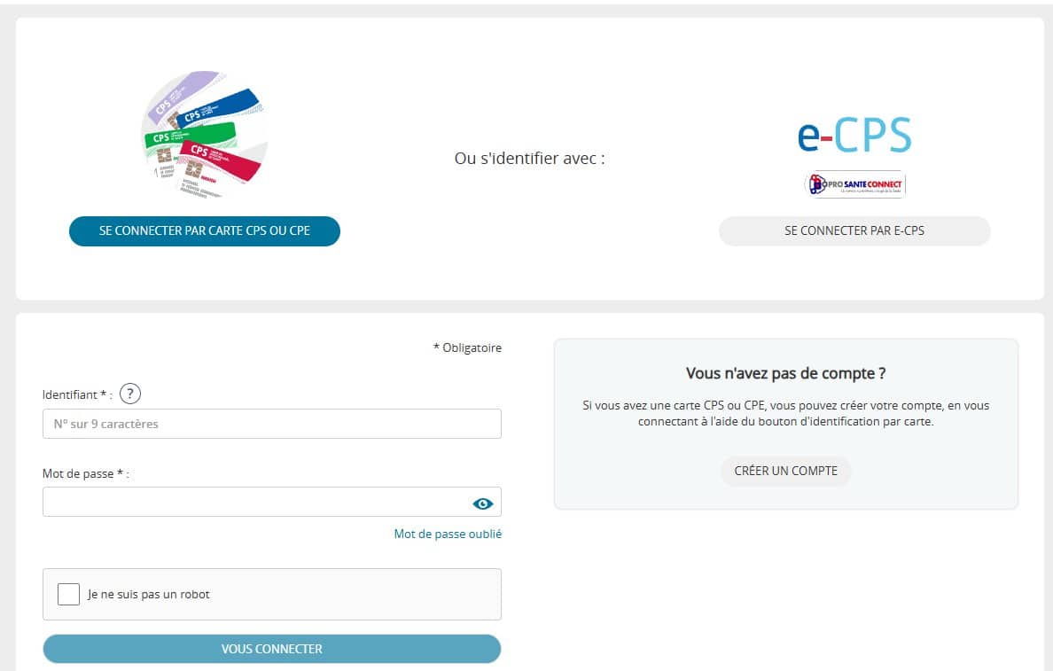 Page de connexion amelipro avec les boutons de connexion par carte CPS ou CPE, par e-CPS, et les champs identifiant et mot de passe