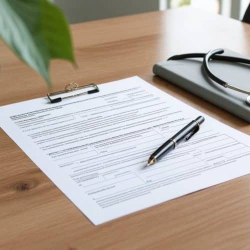 Formulaire administratif, stylo-plume et stéthoscope posés sur le bureau d’un cabinet médical