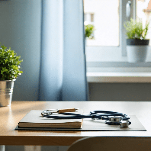 Bureau en chêne clair d’un cabinet médical : carnet fermé, stéthoscope et stylo, plante verte près d’une fenêtre lumineuse