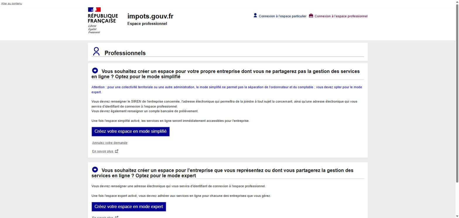 Page impots.gouv.fr de choix entre la création en mode simplifié et la création en mode expert