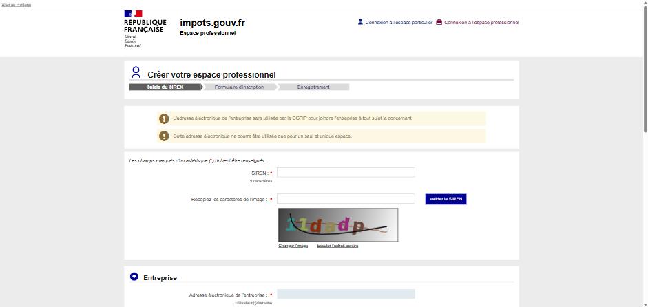 Formulaire de création d’un espace professionnel en mode simplifié, à l’étape de saisie du SIREN